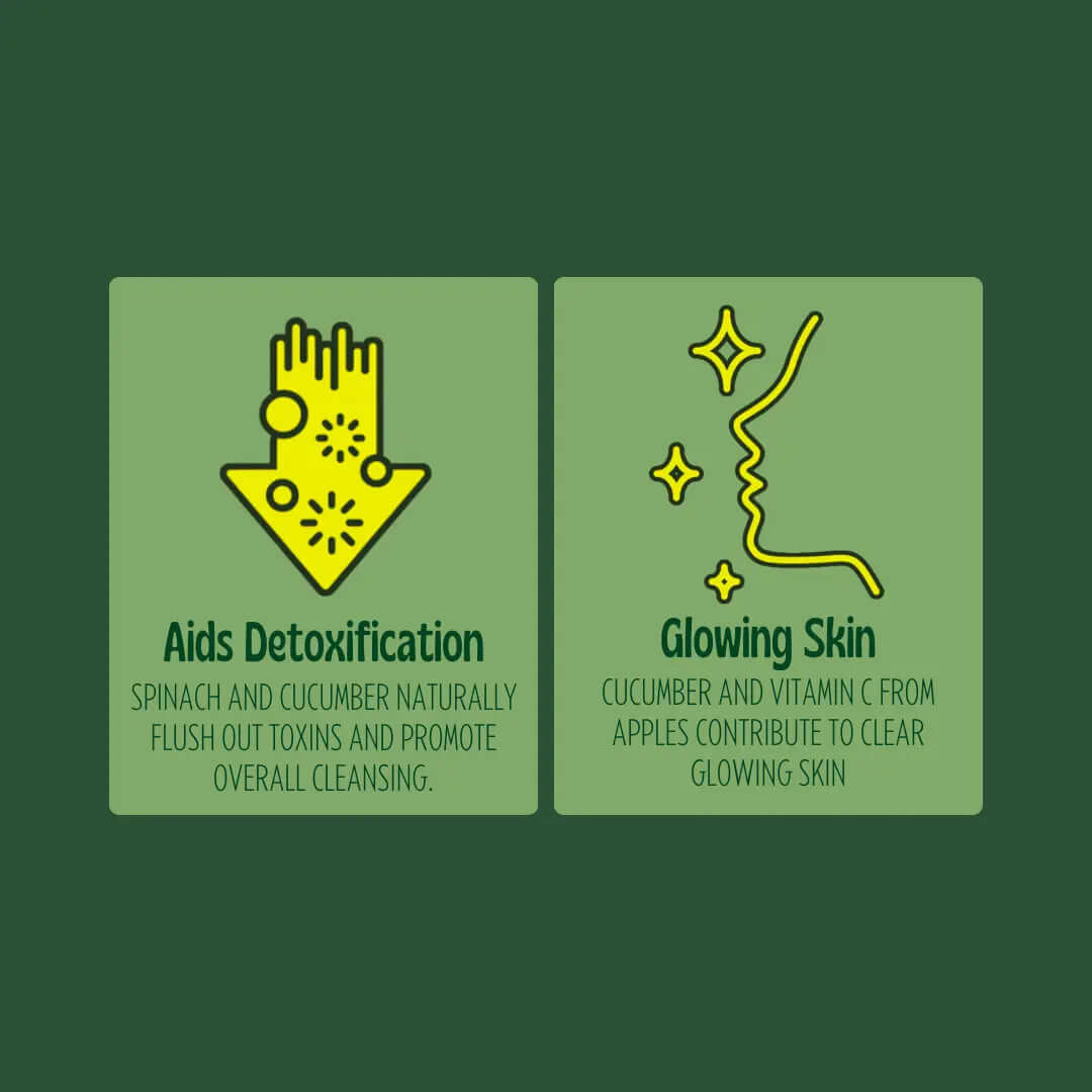 cold-pressed apple, cucumber, and spinach juice promotes skin health and aids detoxification with natural nutrients.