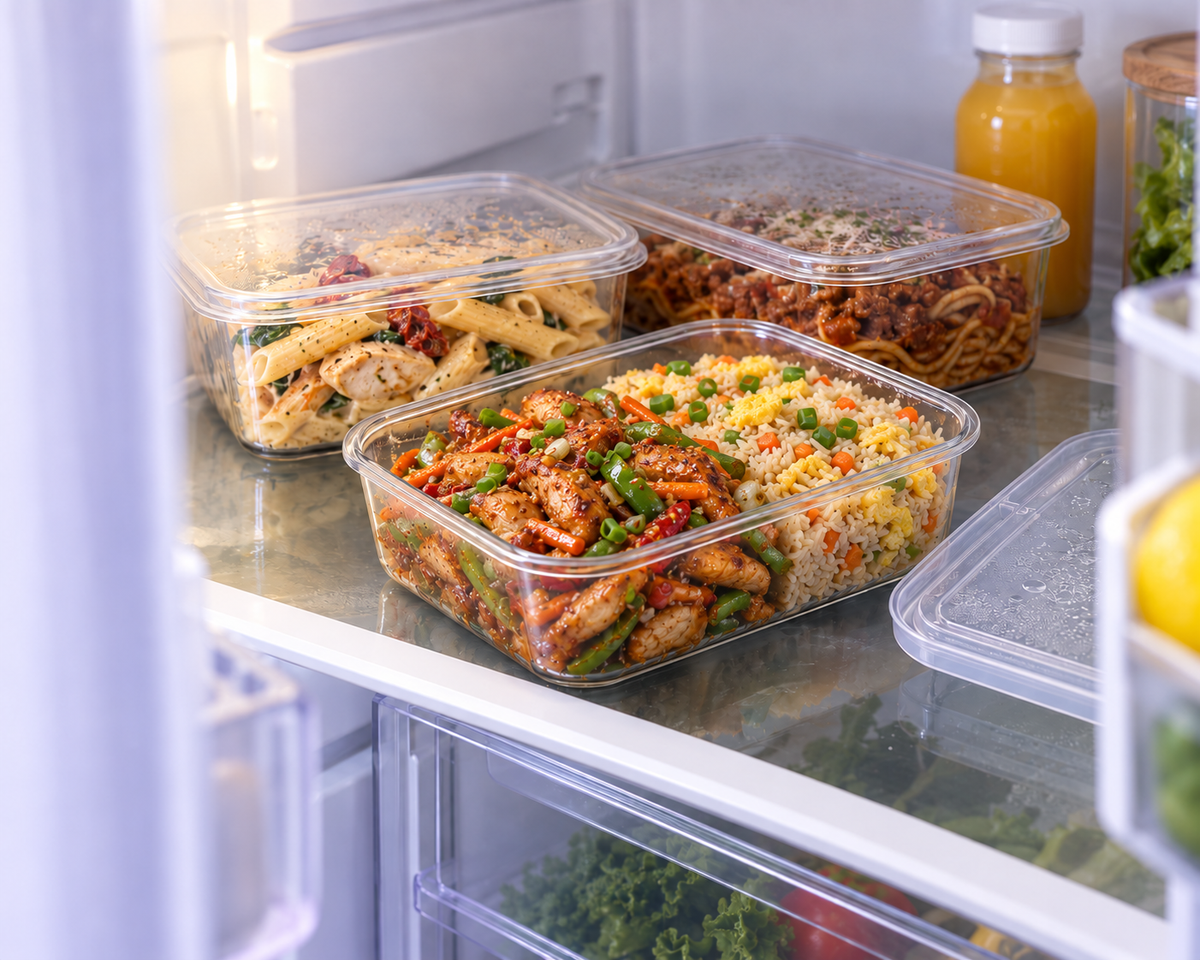 Prepared chicken chilli dry with egg fried rice and pasta meals arranged in a refrigerator.